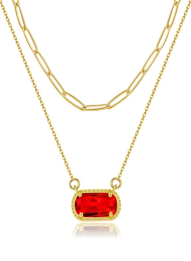 Lourny Gemstone Birthstone Pendant Layered Necklace for Women Trendy, 18K Gold Plated Paperclip Chain Preppy Choker Charm Necklace for Women Wife Jewelry (Red) - Image 1